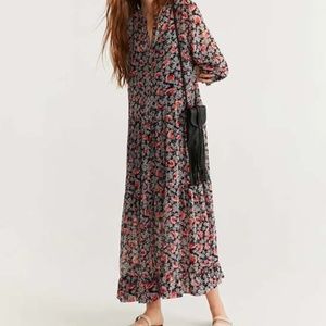 MANGO Black & Red Floral Tiered Caleta Maxi Dress